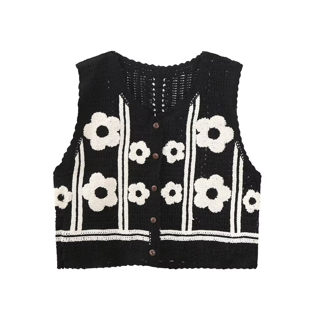 Autumn Winter Hollow Out Cutout Floral Jacquard Single Breasted Vest Women Crocheted Waistcoat Vest