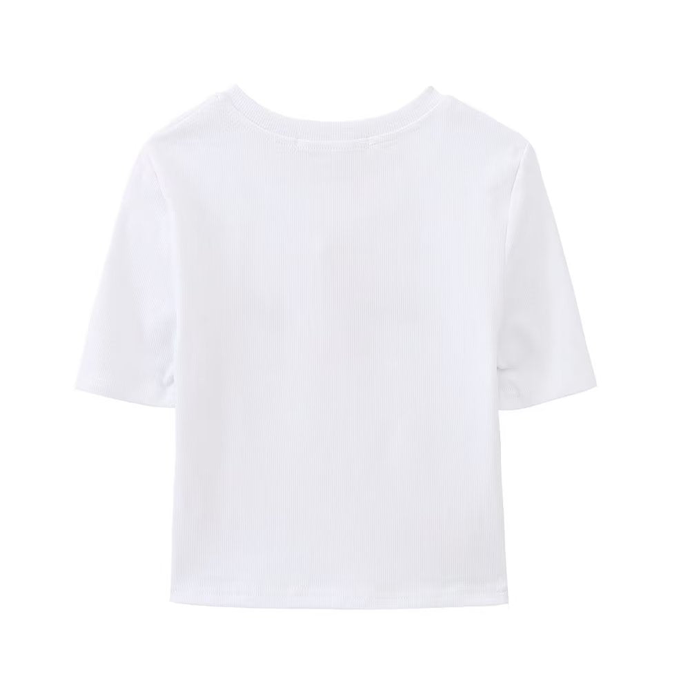 Slim Fit White Round Neck Short Sleeve Printed Rib Short T Shirt