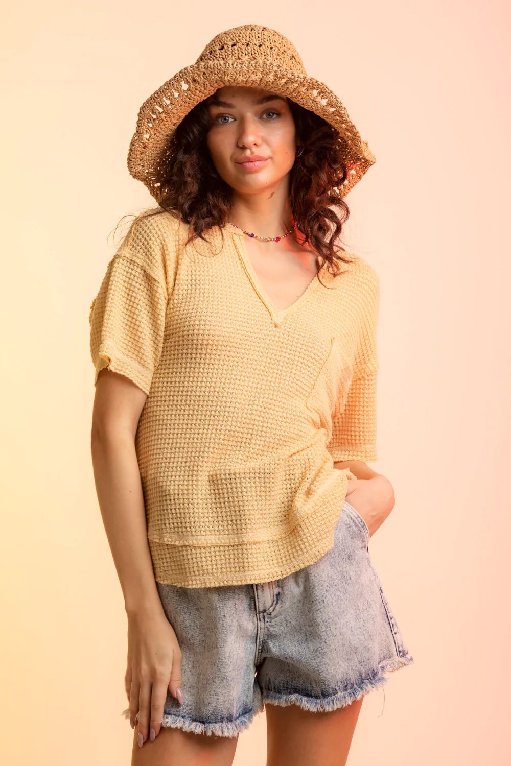 Summer Women T shirt Short Sleeve V neck Waffle Top