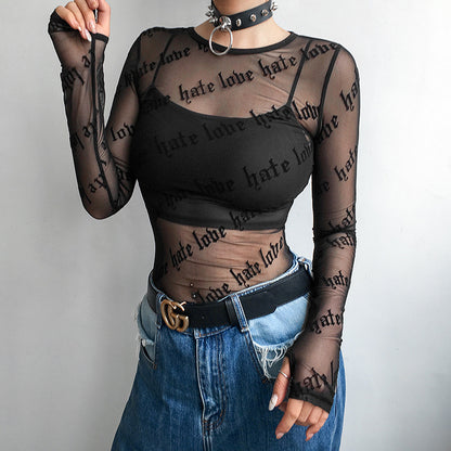 Letter Graphic Personality Printed See through Sexy Mesh Long Sleeved T shirt Top for Women