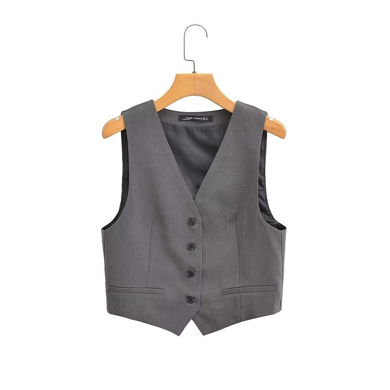 Fall Women Clothing Solid Color Single Breasted Slim Fit Short Vest Top