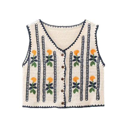 Early Autumn Women Clothing Korean Embroidered Knitted Vest Women Retro All Matching Hollow Out Cutout Out Short Coat Waistcoat