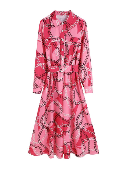 Women Wear Autumn Chain Printed Shirt Dress