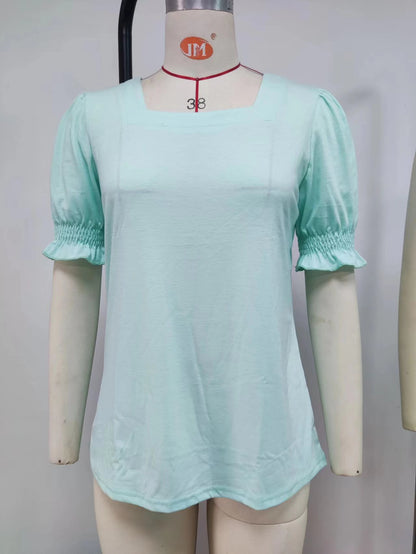 Summer Solid Color Square Collar Princess Sleeves Short Sleeve Loose T shirt Top