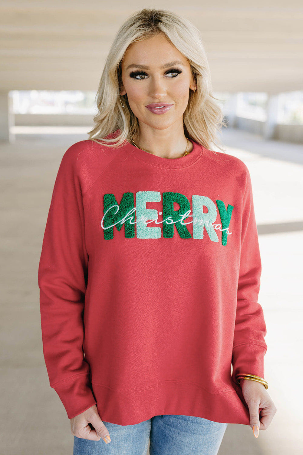 Red Chenille MERRY Christmas Raglan Sleeve Graphic Sweatshirt
