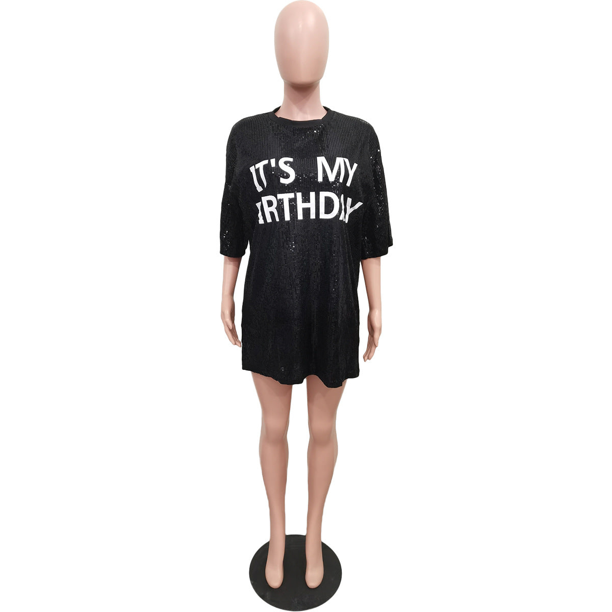 Women Clothing Spring round Neck Loose Sequin Letter Graphic Printed Dress