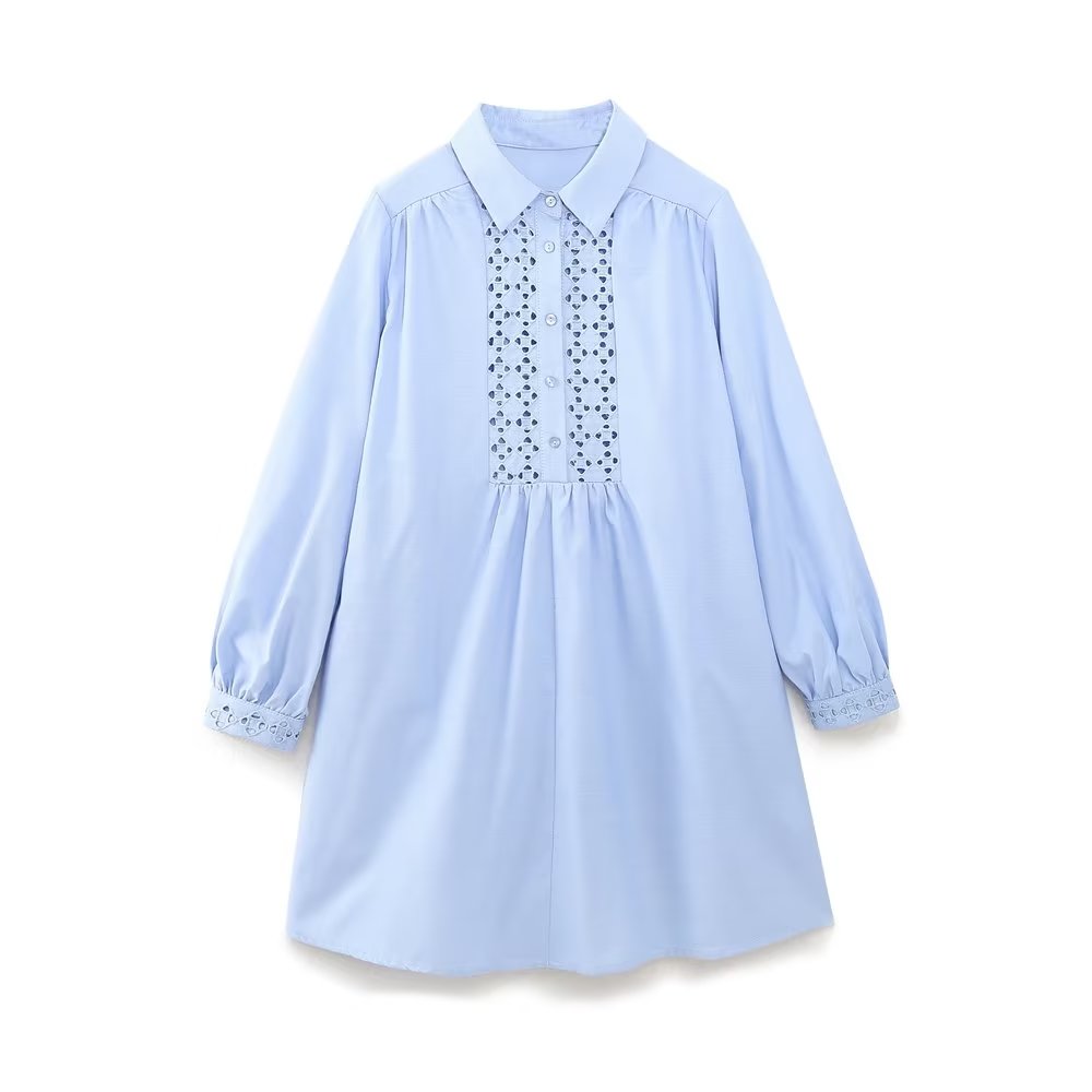 Spring Retro Loose Long Sleeve Decorated Row Button Hollow Out Cutout Embroidered Mini Dress