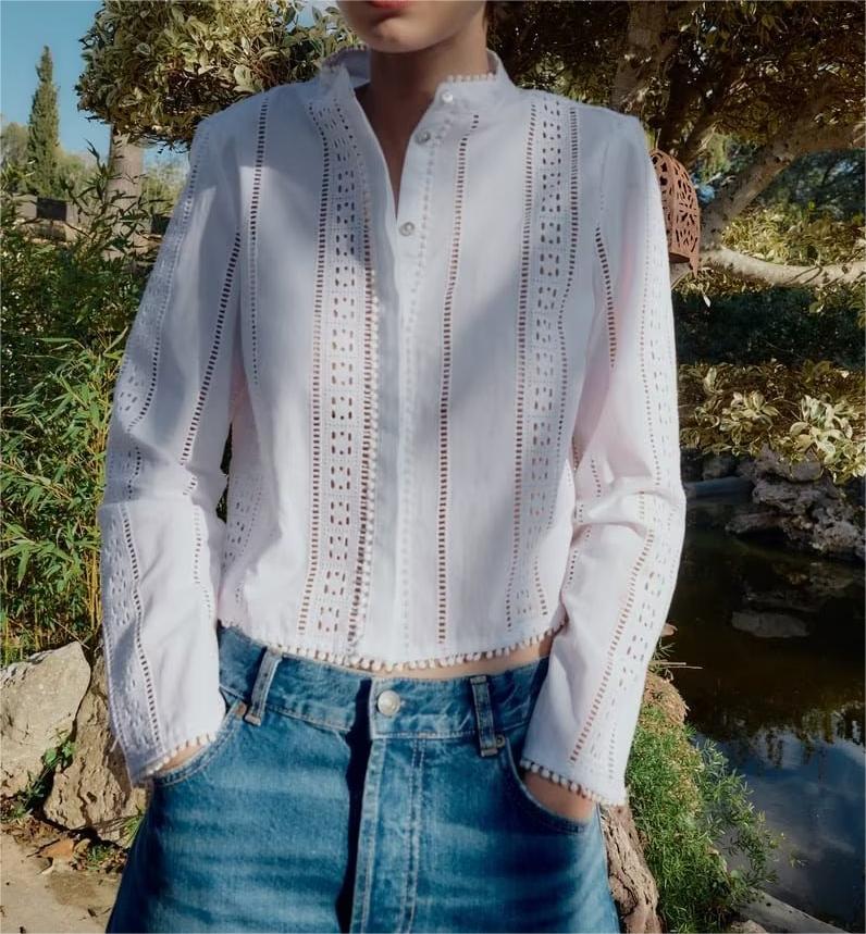 Summer Women White round Neck Long Sleeve Hollow Out Cutout Embroidery Tassel Hem Shirt