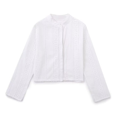 Summer Women White round Neck Long Sleeve Hollow Out Cutout Embroidery Tassel Hem Shirt