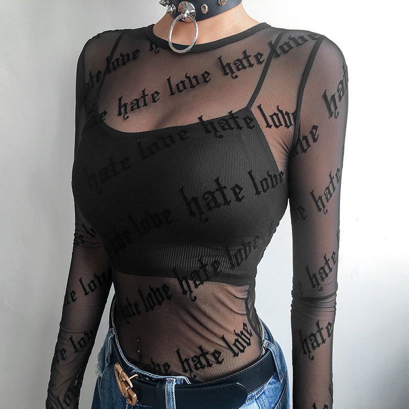 Letter Graphic Personality Printed See through Sexy Mesh Long Sleeved T shirt Top for Women