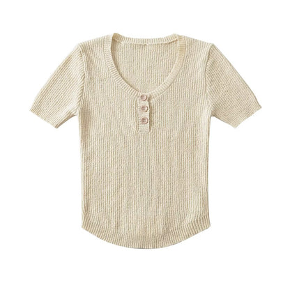 Summer Knitted Pullover round Neck Slim Short Three Button Short Solid Color Women T Shirt