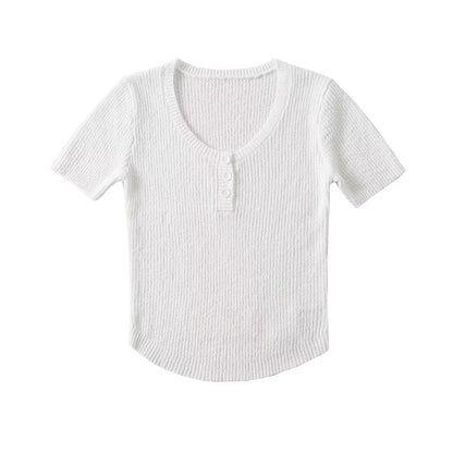 Summer Knitted Pullover round Neck Slim Short Three Button Short Solid Color Women T Shirt