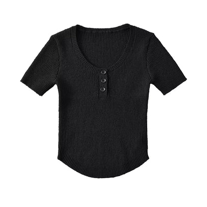 Summer Knitted Pullover round Neck Slim Short Three Button Short Solid Color Women T Shirt