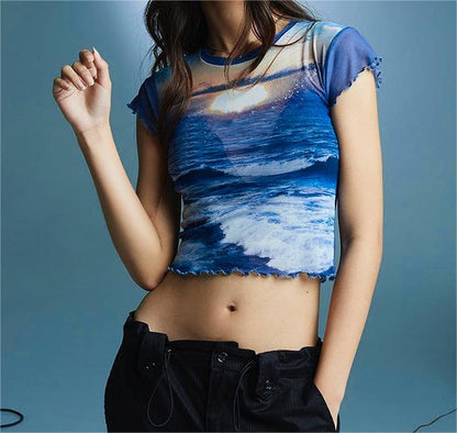 Sweetheart Sexy Wind Sunset Mesh Floral Print See Through Ruffled High Waist Cropped Women Cropped Top