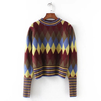 Round Neck Geometric Abstract Pattern Casual Knitted Sweater Women Top