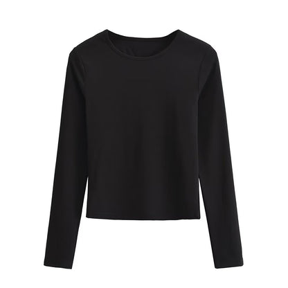 Summer Casual Pullover Long Sleeve round Neck Slim Fit Short Back Backless Women T Shirt