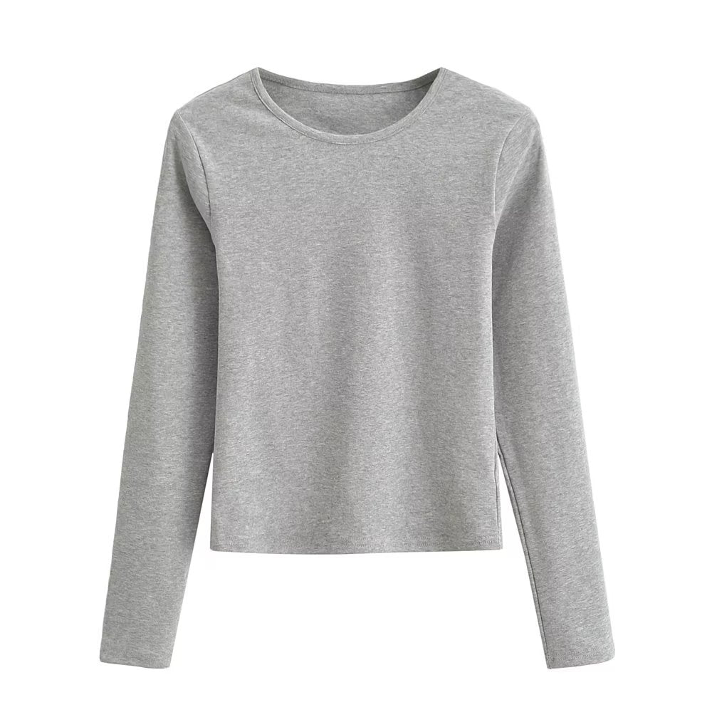 Summer Casual Pullover Long Sleeve round Neck Slim Fit Short Back Backless Women T Shirt