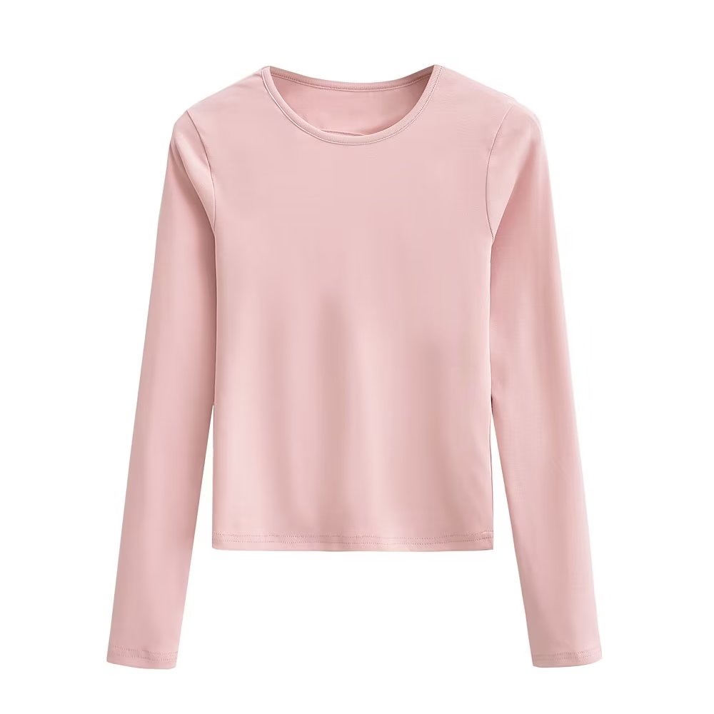 Summer Casual Pullover Long Sleeve round Neck Slim Fit Short Back Backless Women T Shirt