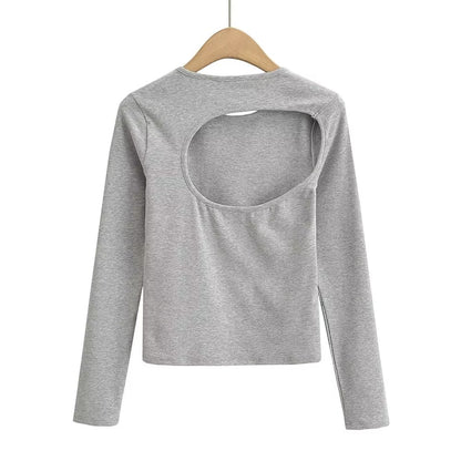 Summer Casual Pullover Long Sleeve round Neck Slim Fit Short Back Backless Women T Shirt