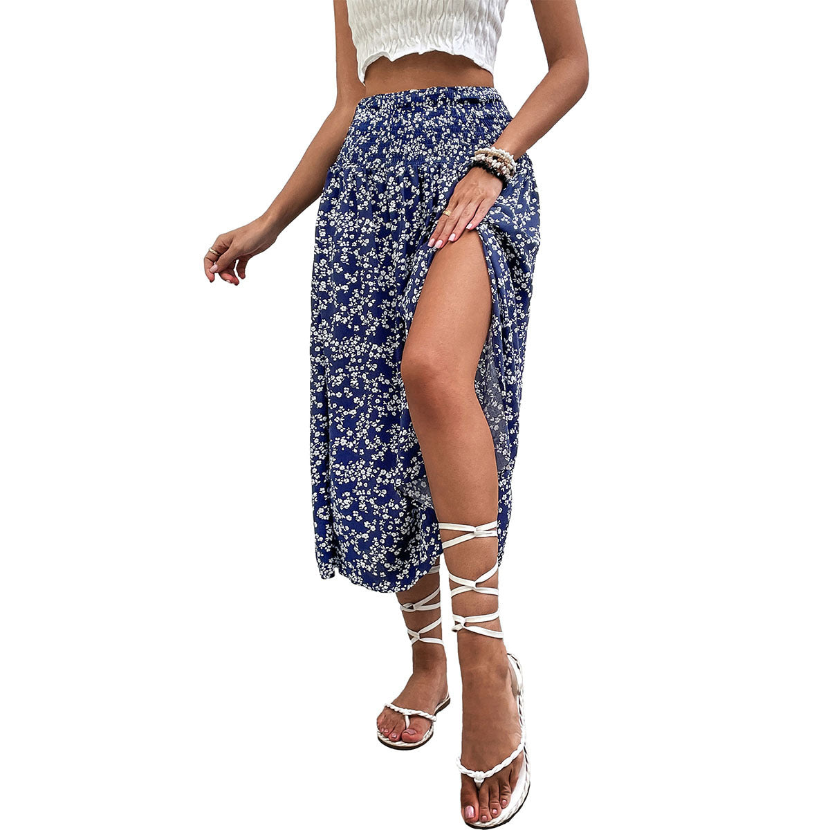 Summer Women Mid Length Blue Printed Skirt