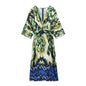 V Neck Long High Waist A Line Maxi Dress Spring Printed Contrasting Color Dress Women