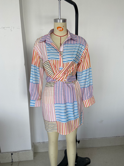 Summer Women Striped Printed Long Sleeves Loose Shirt Dress