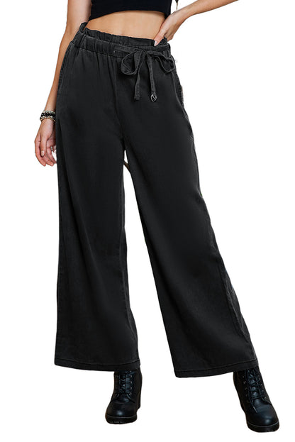 Black Elastic High Waisted Wide Leg Pants with Pockets