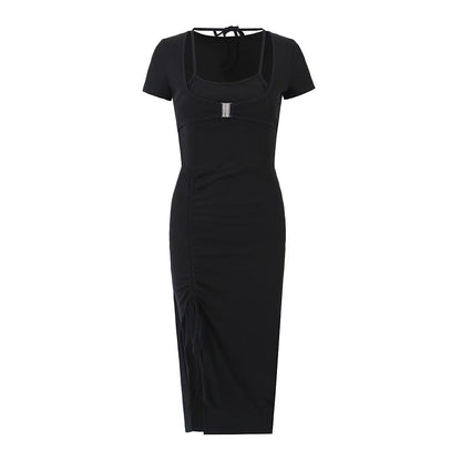 Sexy Pleated Side Split Dress Women Summer School Bag Buckle Faux Two Piece Halter Dress