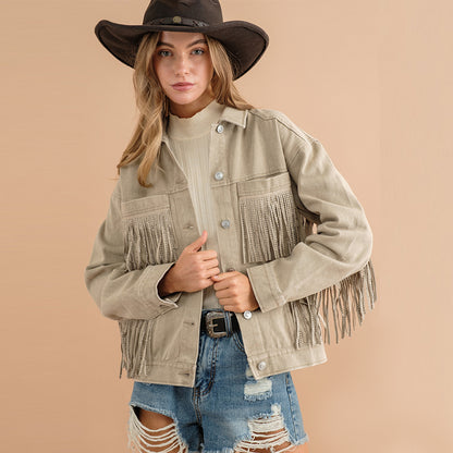 Autumn Winter Long Sleeve Denim Collared Tassel Not Easy to Break Loose Ladies Coat Shirt