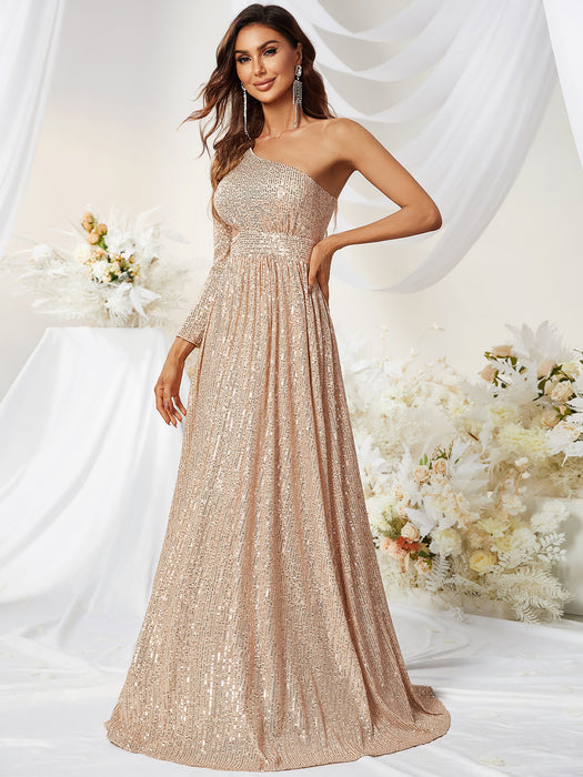 Sequined One Sleeve Side Waist Hollow Out Cutout Out Prom Evening Dress Fishtail Elegant Dress