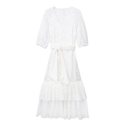 Summer Women V Neck Puff Sleeves Large Swing Dress With Belt Hollow Out Cutout Embroidered Dress