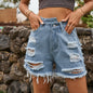 Women Clothing Irregular Asymmetric Torn Raw Hem Ripped Denim Shorts Pants