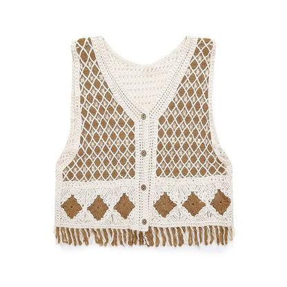 Retro Crocheted Hollow Out Cutout Knitted Vest Cardigan for Women Spring Summer  V neck Short Vest