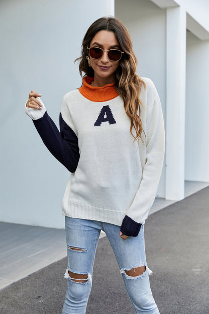 Casual Half Turtleneck Pullover Letter Graphic Jacquard Loose Fitting Sweater Long Sleeve Knitted Sweater