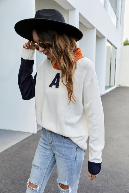 Casual Half Turtleneck Pullover Letter Graphic Jacquard Loose Fitting Sweater Long Sleeve Knitted Sweater