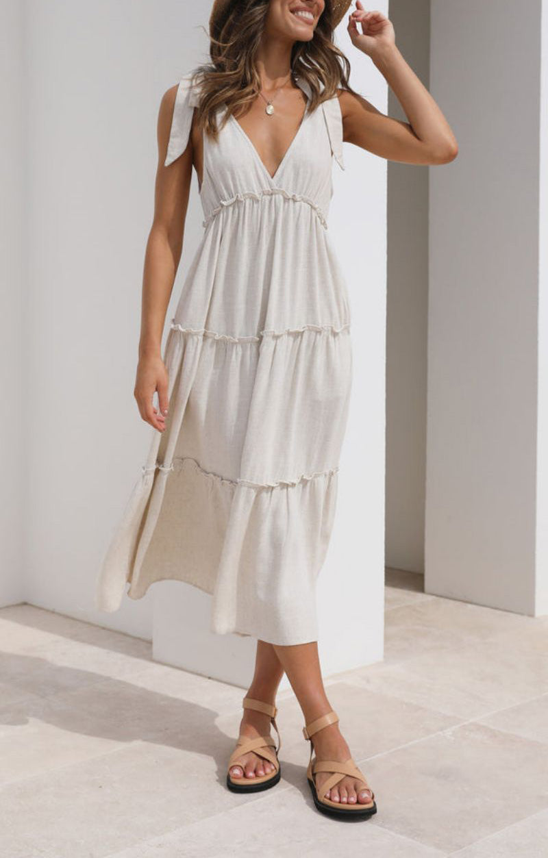 Summer Natural Women Dress Hemp Cotton Tied V neck Loose Gathers Drape Dress