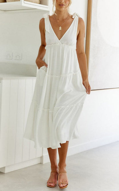 Summer Natural Women Dress Hemp Cotton Tied V neck Loose Gathers Drape Dress