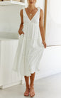 Summer Natural Women Dress Hemp Cotton Tied V neck Loose Gathers Drape Dress