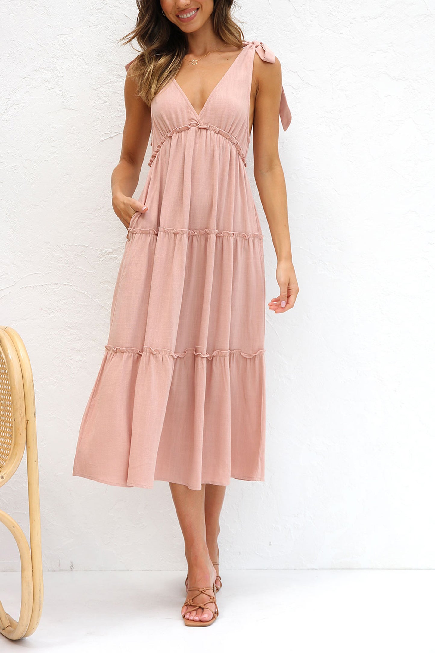 Summer Natural Women Dress Hemp Cotton Tied V neck Loose Gathers Drape Dress