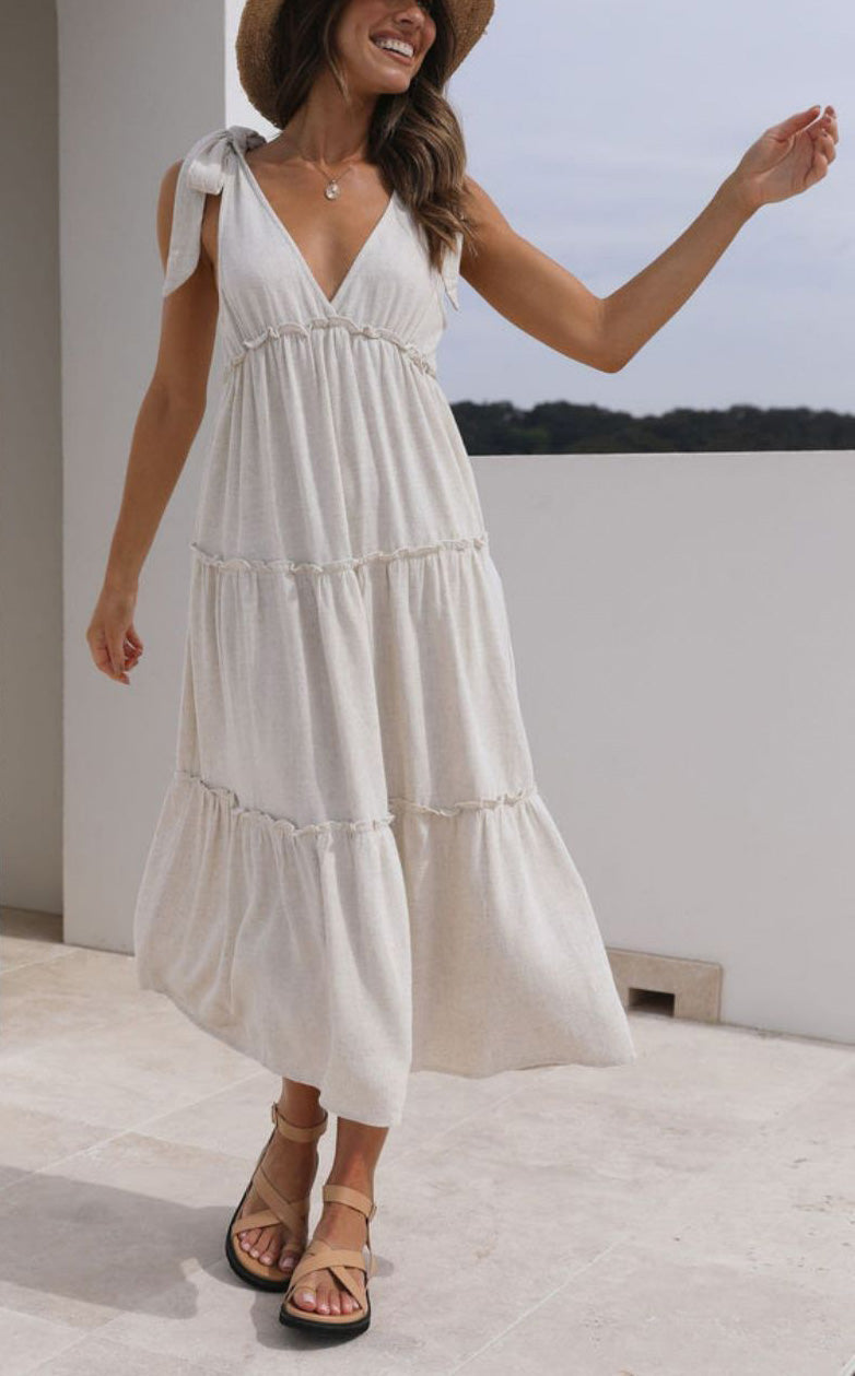 Summer Natural Women Dress Hemp Cotton Tied V neck Loose Gathers Drape Dress