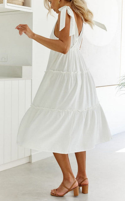 Summer Natural Women Dress Hemp Cotton Tied V neck Loose Gathers Drape Dress