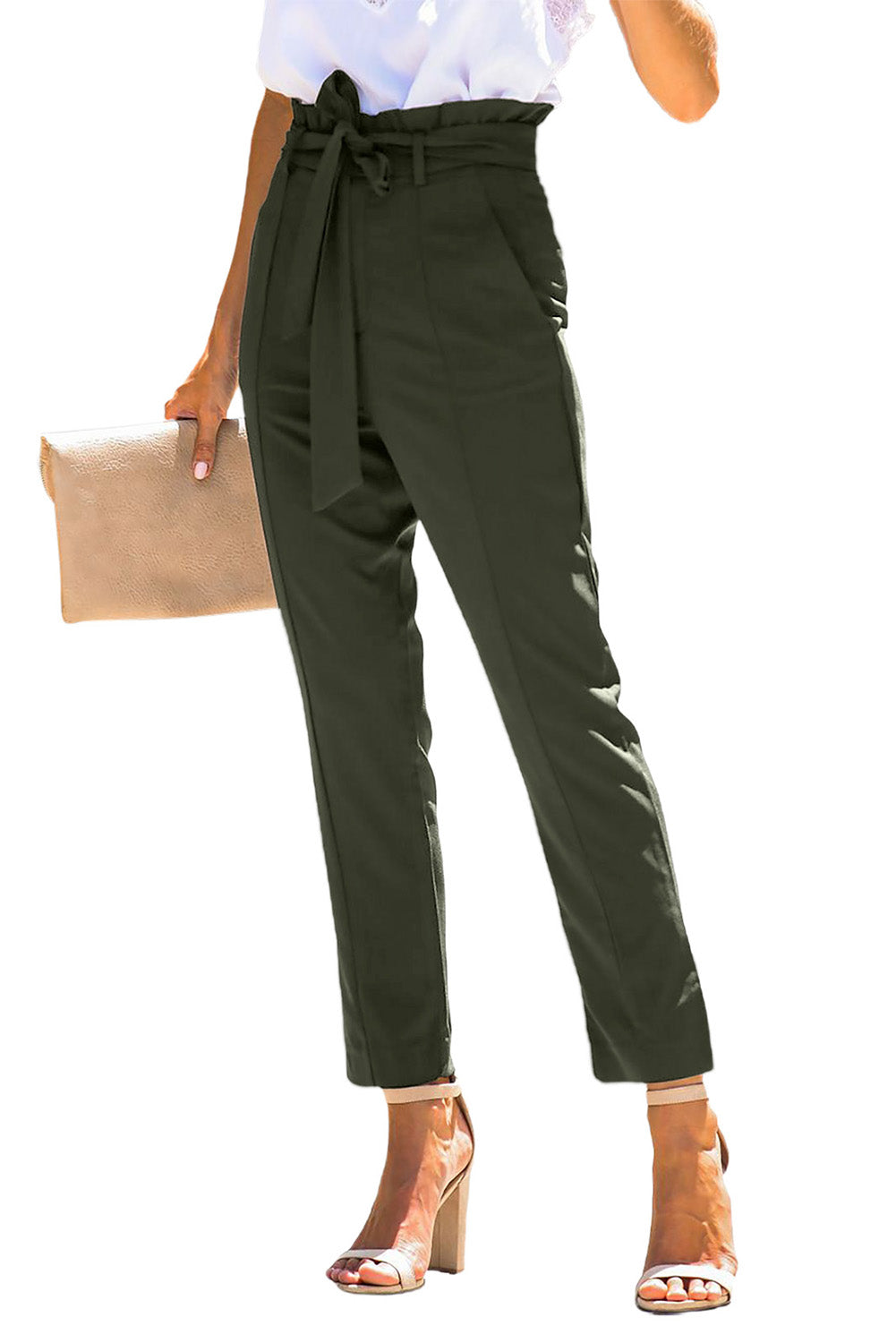 Green Casual Paperbag Waist Straight Leg Pants with Belt