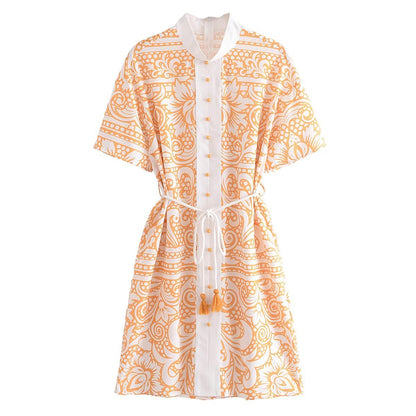Summer Digital Printing Tassel Dress Decorated Row Button Lace Up Dress
