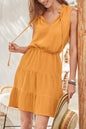 Summer Women Dress Vacation Cotton Pleated V Neck Multi Section Design Lace Up Waist Dress