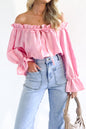 Ladies Spring Summer Slub Cotton Loose Casual Off Shoulder Bishop Sleeves Top