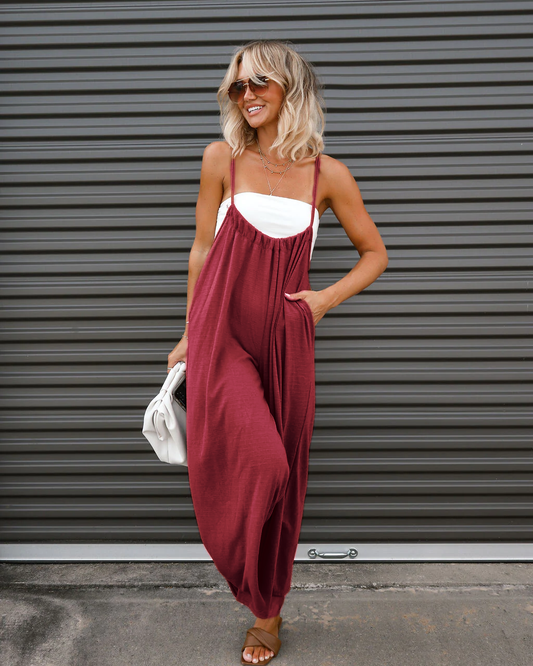 Ladies Summer Easy Matching Sling Loose Wide Leg Casual Jumpsuit