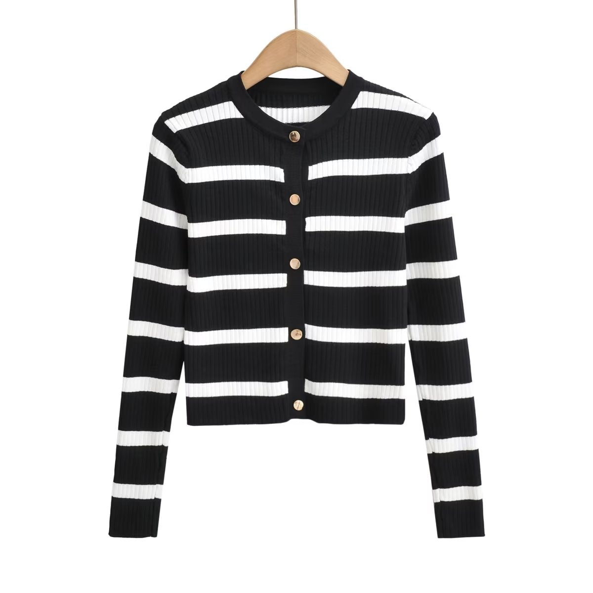 Retro Black White Striped Color Matching Sweater Cardigan Autumn Winter Elegant Metal Buckle Short Coat Women