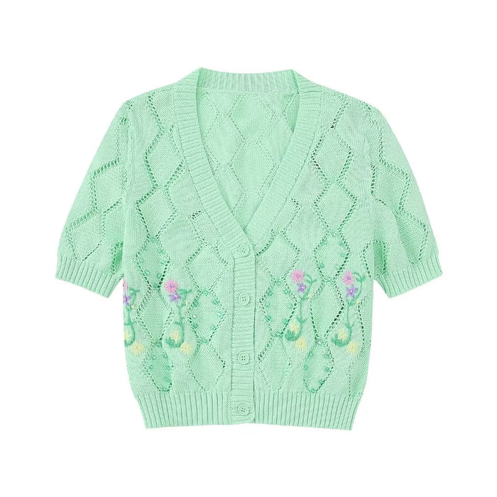 Sweet Elegant Slim Floral Two Piece Knitted Cardigan Spring Green Floral Spaghetti Straps Knitted Cardigan for Women