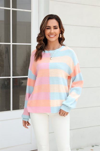 Fall Women Clothing Patchwork Stripes Contrast Color round Neck Knitwear Pullover Sweater