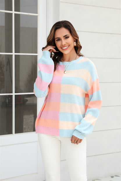 Fall Women Clothing Patchwork Stripes Contrast Color round Neck Knitwear Pullover Sweater